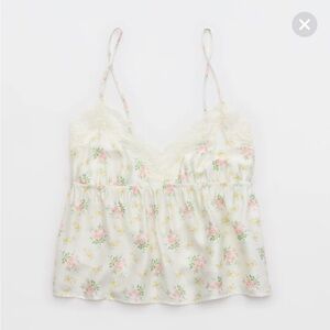 Aerie Floral Lace Trim Cami - White and Pink